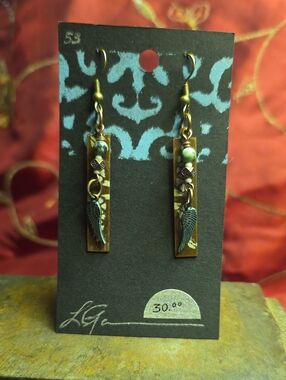 Bronze Wing Bar Drop Earrings in Olive Green